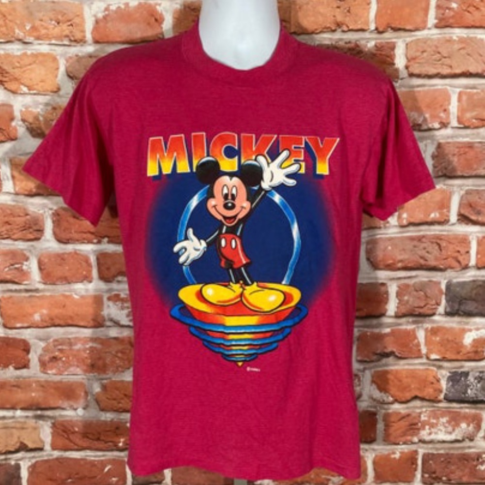 vintage Mickey Mouse Pink Micro Stripe shirt sz M Velva Sheen Single Stitch 90s